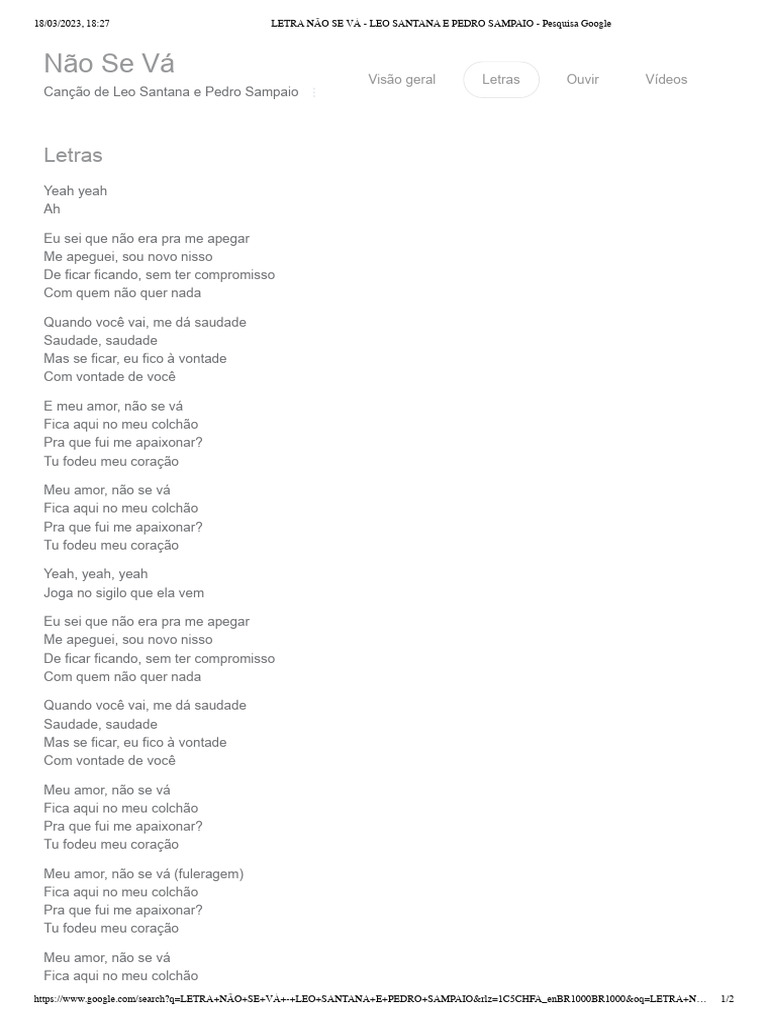 Letra da Música "Não Se Vá" | PDF