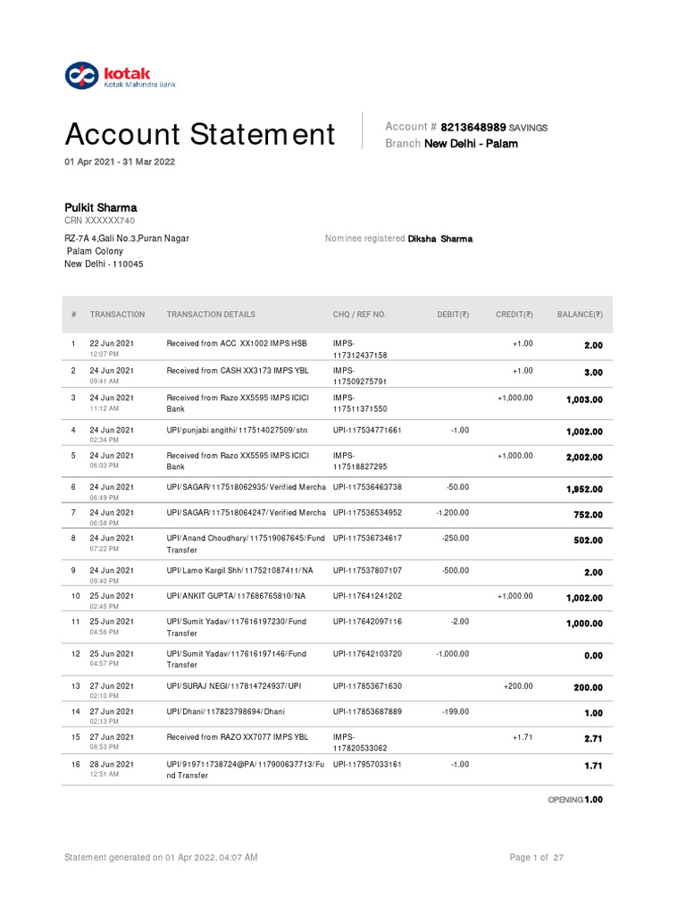 Statement | PDF | Debits And Credits | Personal Finance