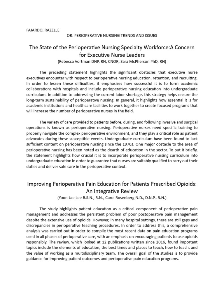 The State of The Periopera - Ve Nursing Specialty Workforce:A Concern ...