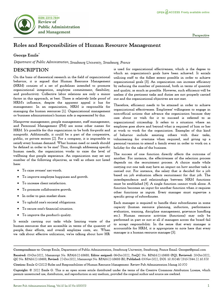Roles and Responsibilities of Human Resource Management | PDF | Human ...