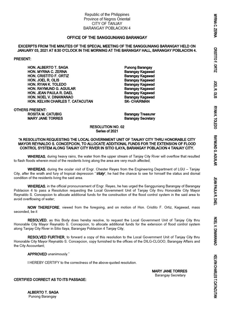Tanjay Barangay Flood Control Resolutions | PDF | Weather Events ...