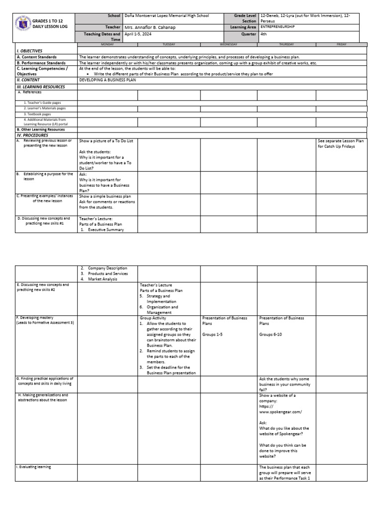 ENTREP DLL Week 9 Preparing A Business Plan | PDF | Learning | Pedagogy