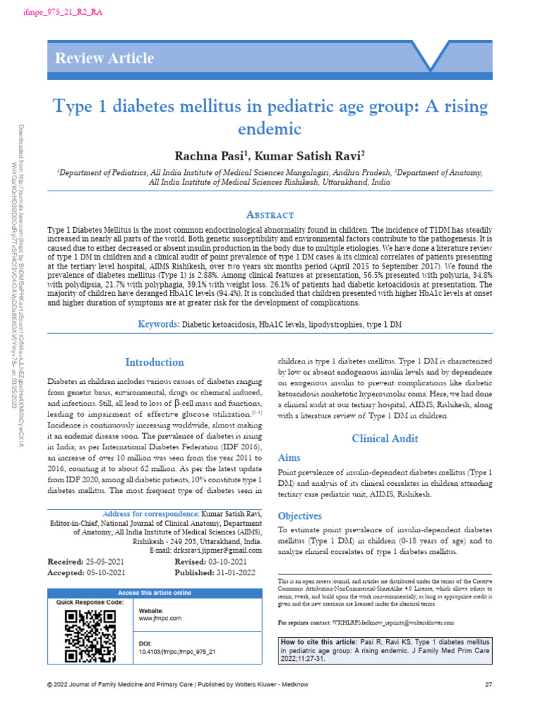 Type 1 Diabetes Mellitus in Pediatric Age Group | PDF | Diabetes ...