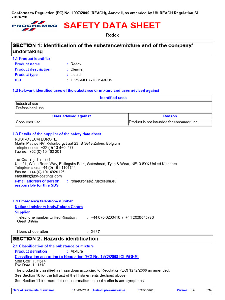 Rodex Industrial Cleaner Safety Data Sheet | PDF | Toxicity ...
