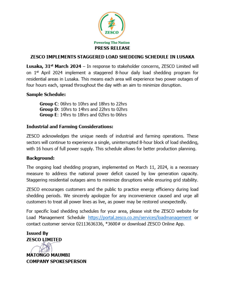 Press Release ZESCO Limited To Implement Staggered Load Shedding in ...