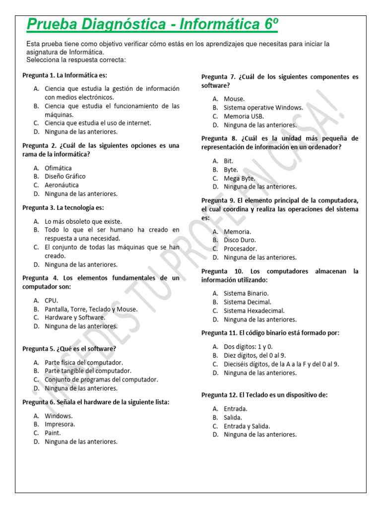 Prueba Diagnóstica de Informática 6º | PDF | Hardware de la computadora ...