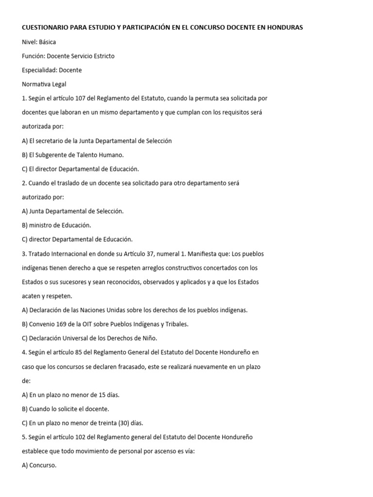 Cuestionario Concurso Docente Honduras 2024 | PDF | Honduras | Evaluación