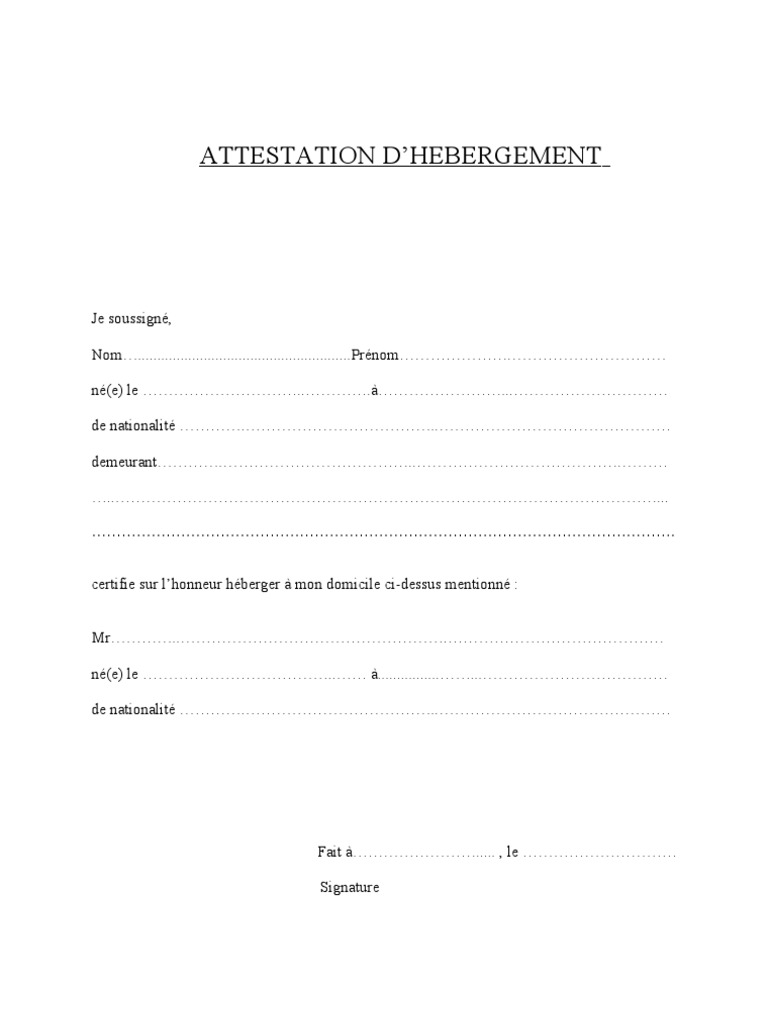 ATTESTATION D'HEBERGEMENT