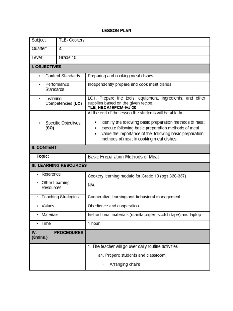 Lesson plan basic preparation methods of meat pdf steak foods