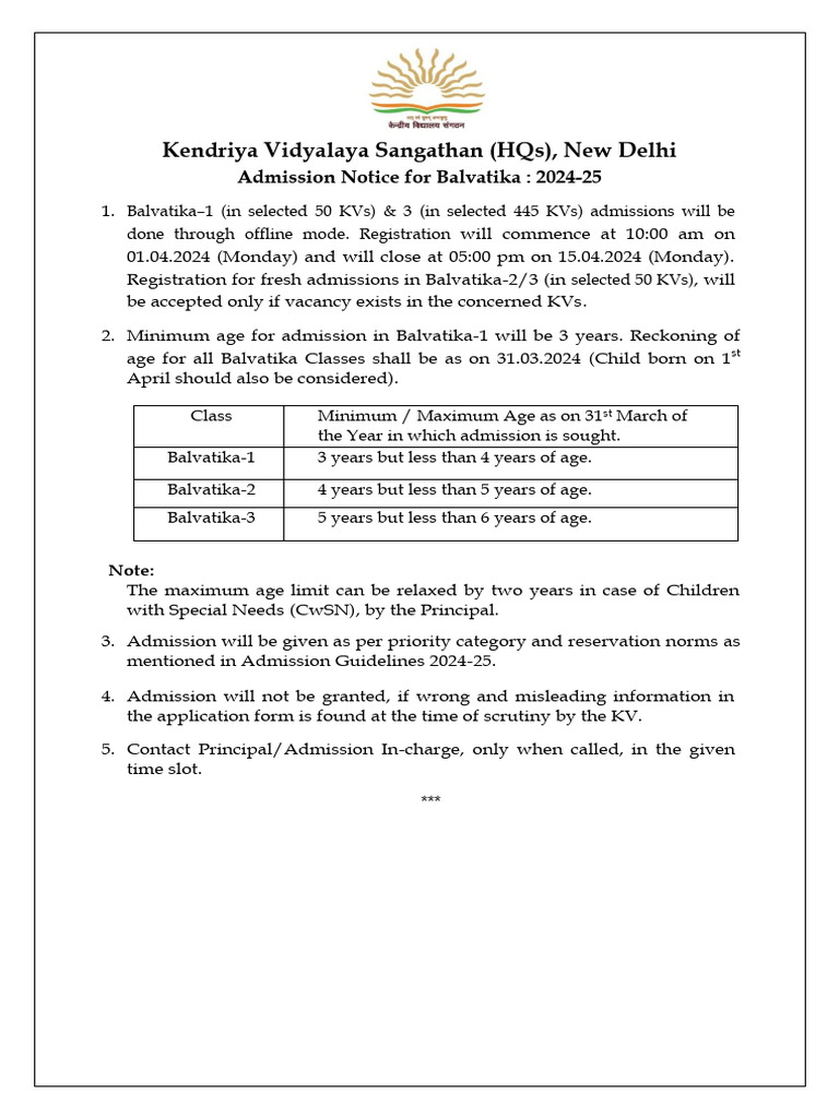 Kendriya Vidyalaya Sangathan (HQS), New Delhi Admission Notice For Balvatika 202425 PDF