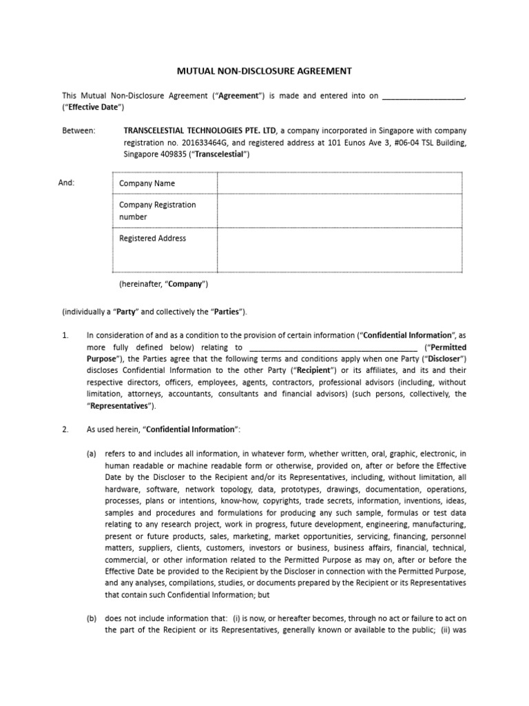 Mutual non disclosure agreement transcelestial technologies pte ltd