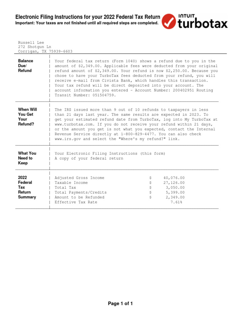 2022 Federal Tax Return Summary | PDF | Tax Refund | Irs Tax Forms