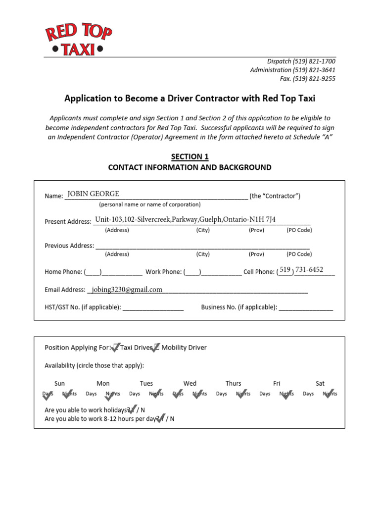 Red Top Taxi Driver Contractor Application | PDF | Indemnity | Employment