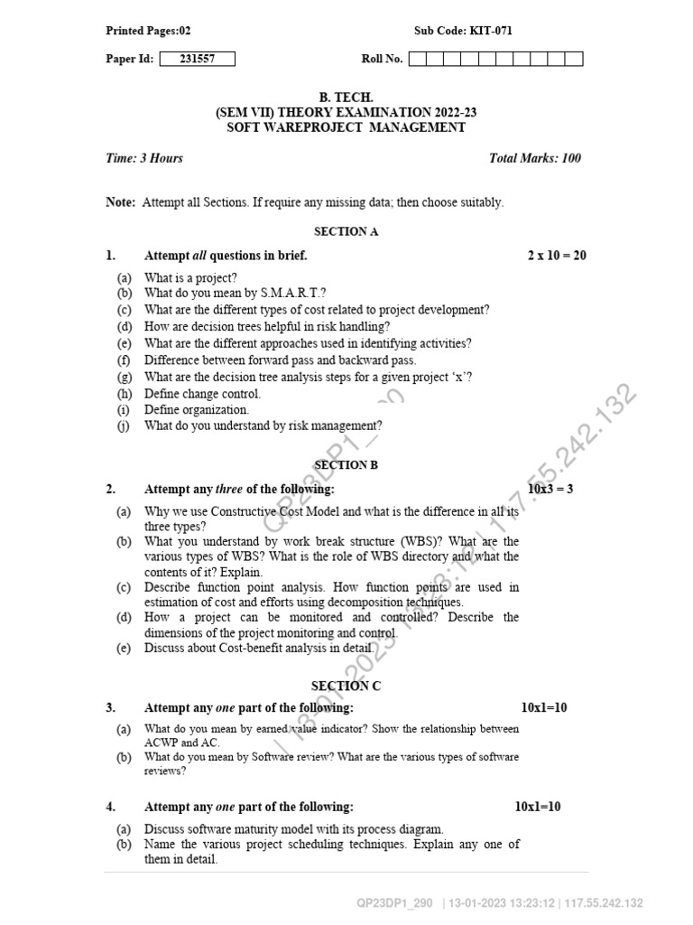 Software Project Management Exam Paper | PDF | Software Engineering ...