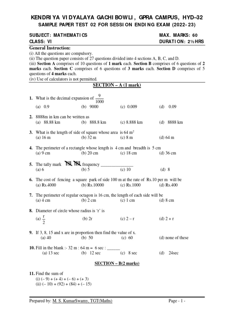 Class VI Mathematics Sample Paper 2022-23 | PDF | Length | Speed