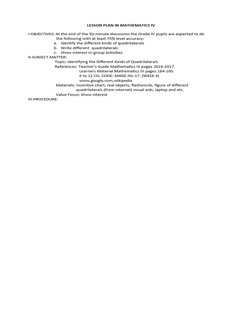 Grade IV Quadrilaterals Lesson Plan | PDF | Elementary Geometry | Learning