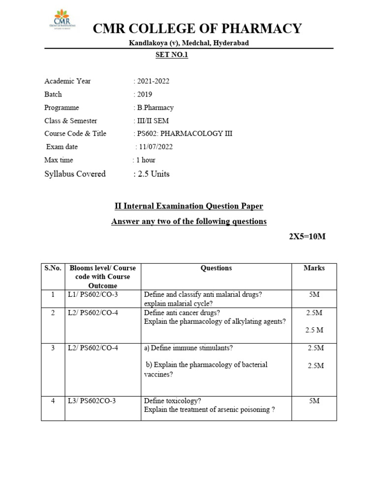 3rd Year B.Pharm PHARMACOLOGY-III II Mid Set 1 | PDF | Chemotherapy ...