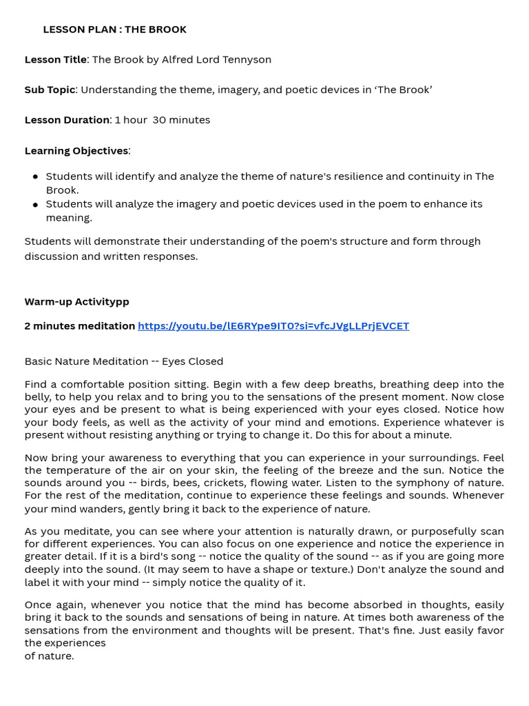 Lesson plan the brook lesson title the brook by alfred lord tennyson