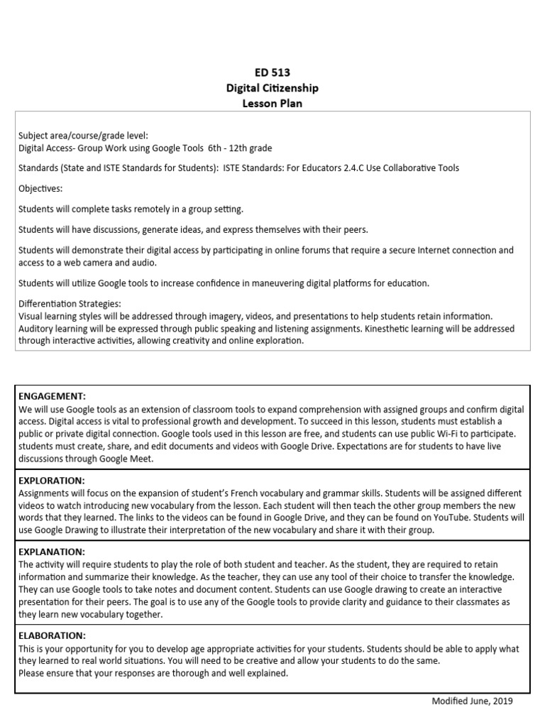 digital citizenship lesson plan audrey spann PDF Lesson Plan
