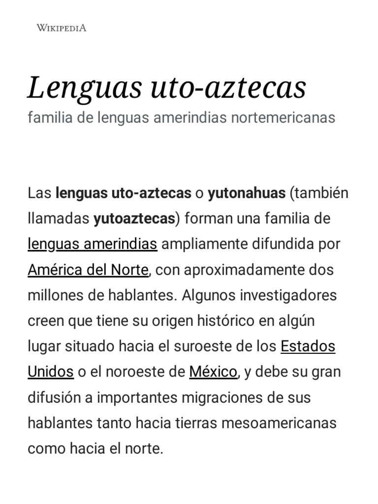 Lenguas UtoAztecas Wikipedia, La Enciclopedia Libre PDF Plural