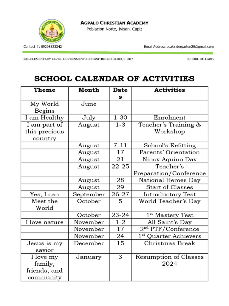 Aca - Calendar of Activities | PDF