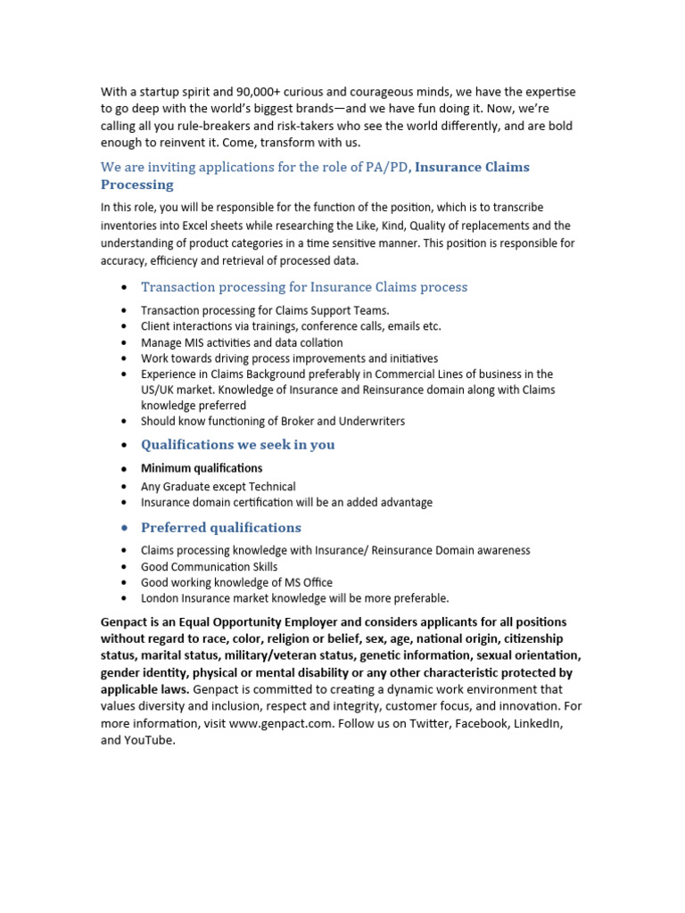 Process Associate Insurance Claims Noida PDF