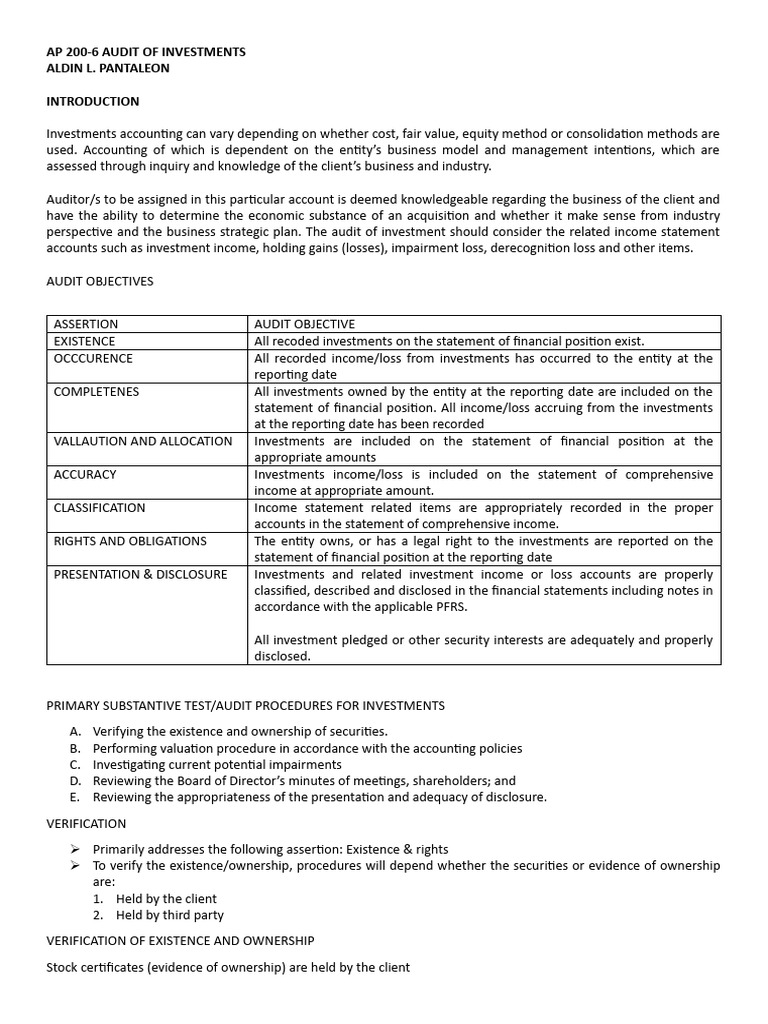 Audit Procedures for Investment Verification | PDF | Investing ...