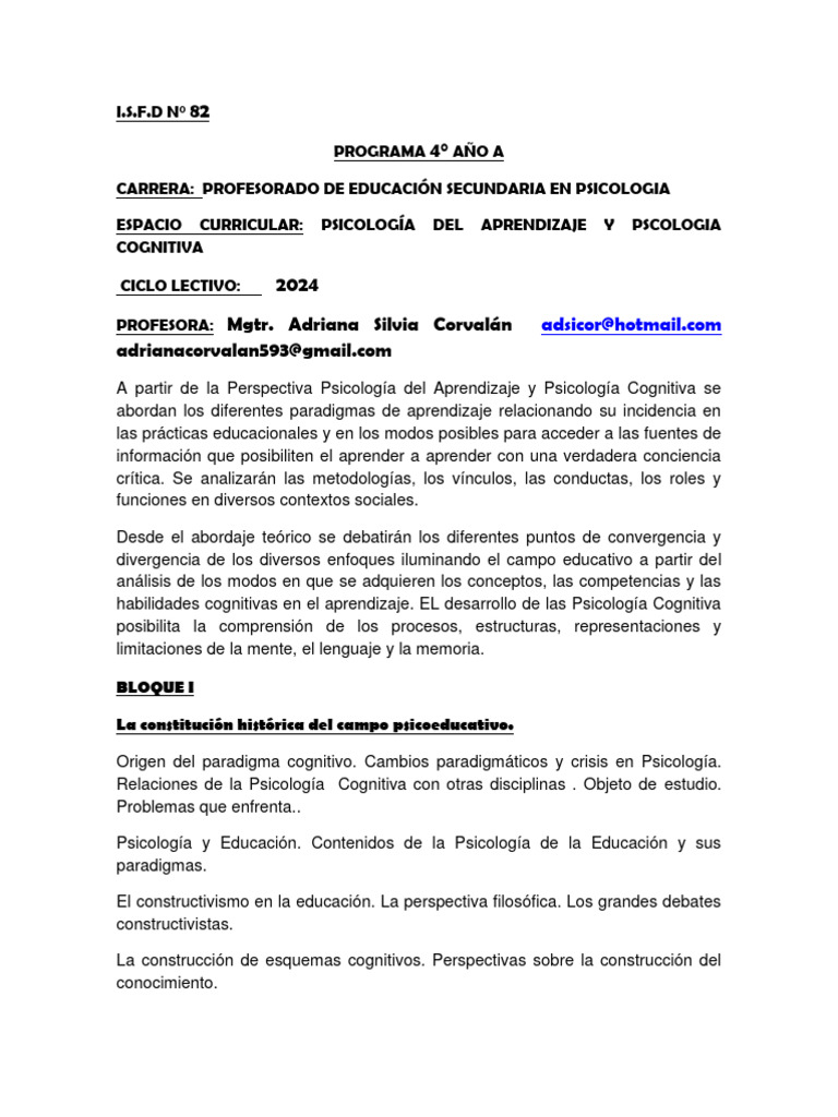 82 Programa 2024 Ps Del Aprendizaje y Ps Cognitiva PDF Aprendizaje Sicología