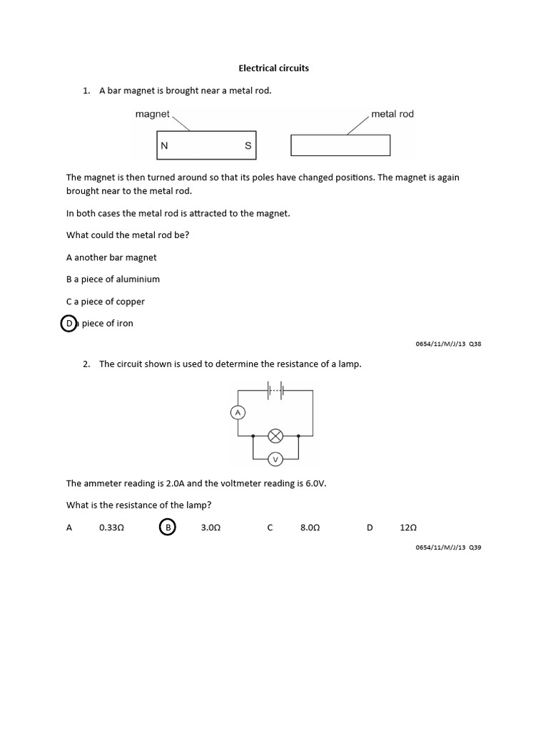Past Paper Questions Electrical Circuits Answers Download Free PDF