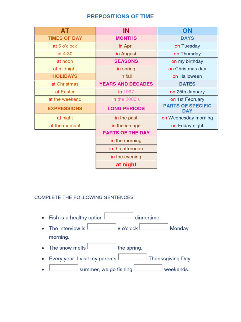 Prepositions of Time Guide | PDF