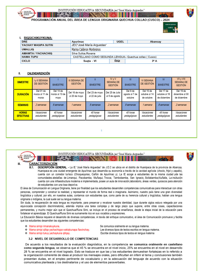 Programacion Anual 2023-3°-4°-5°quechua Collao | PDF | Aprendizaje ...