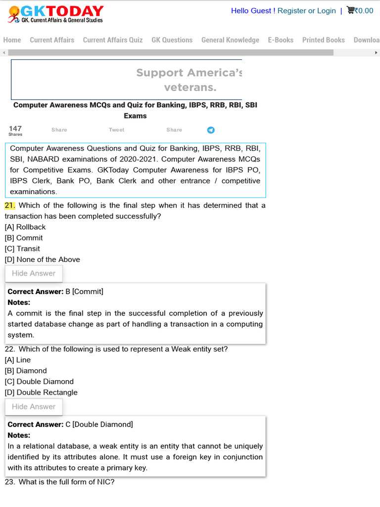 Support america s veterans computer awareness mcqs and quiz for