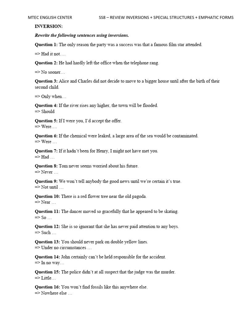 SS8 Review Inversions Special Structures | PDF | Language Arts ...