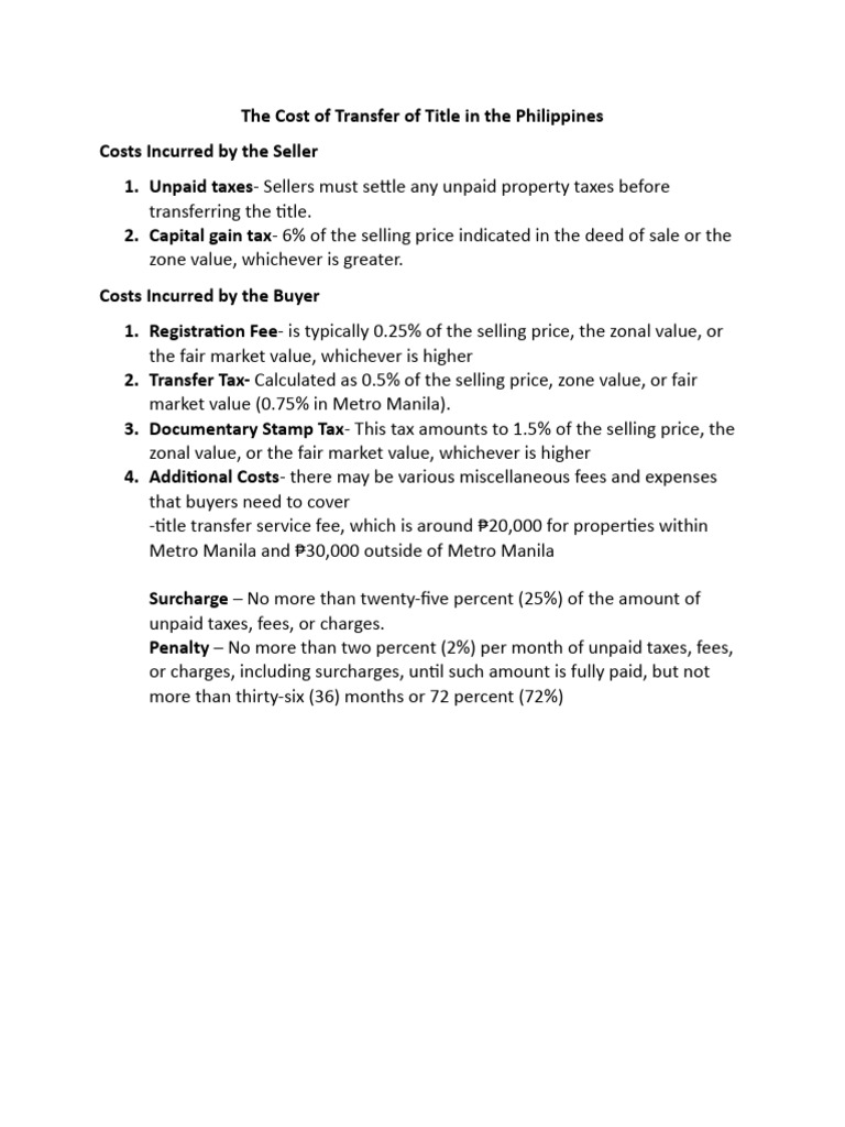 The Cost of Transfer of Title in the Philippines PDF