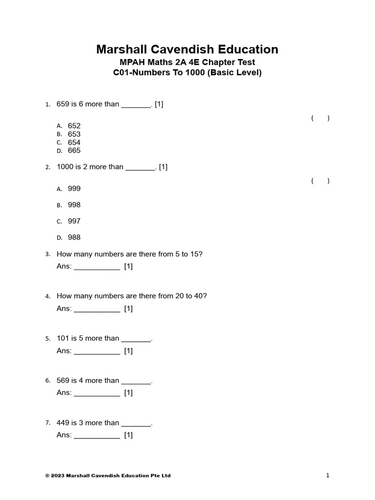 MPAH Maths 2A Chapter Test: Numbers 1000 | PDF