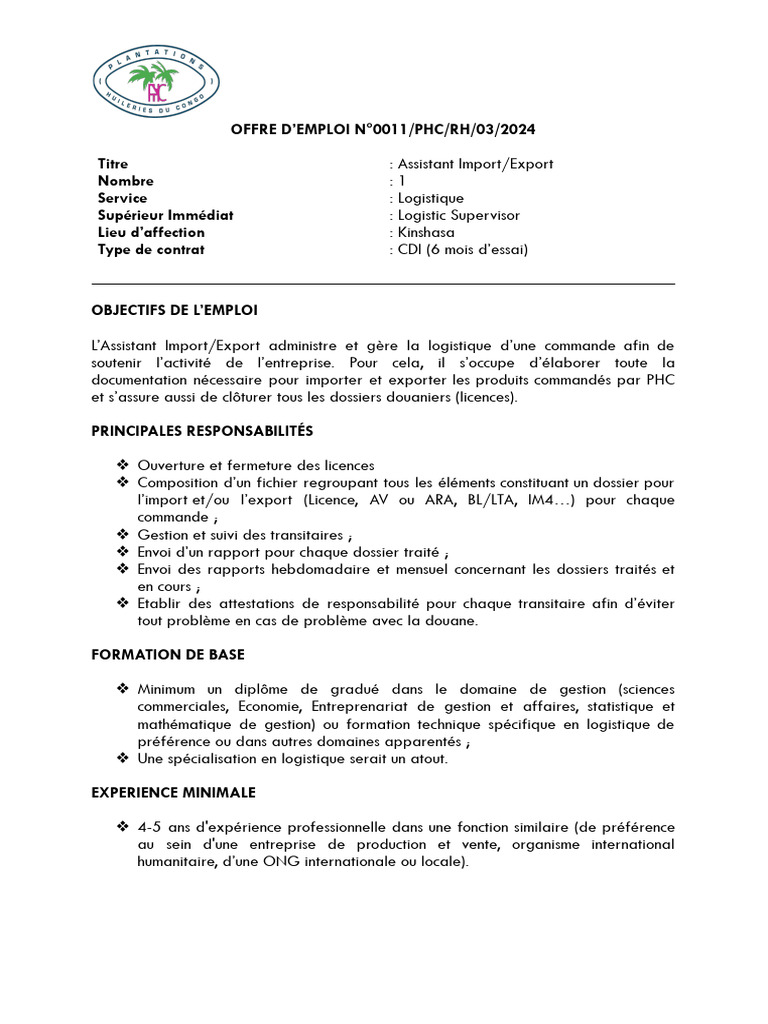 Offre d'emploi : Assistant Import/Export | PDF | Connaissances ...