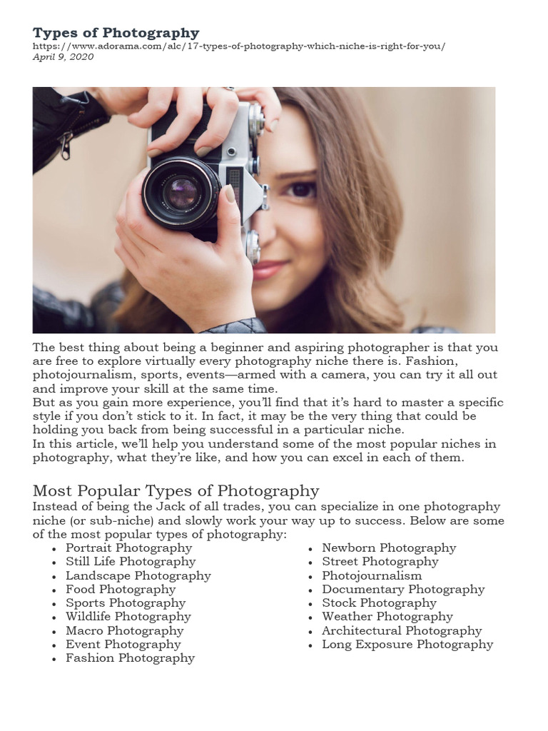 17 Types of Photography | PDF | Camera | Camera Lens
