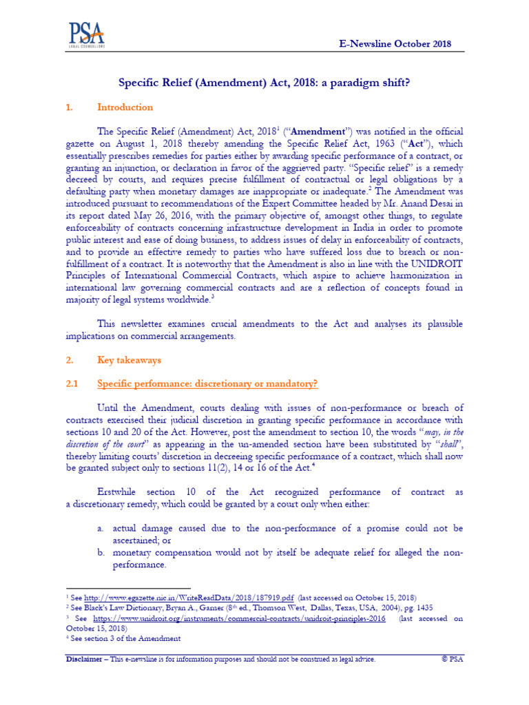 Specific Relief Amendment Act 2018 A Paradigm Shift PDF Breach Of Contract Specific