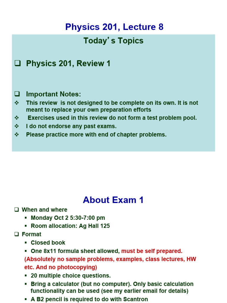 Physics 201 Exam 1 Review Guide | PDF | Acceleration | Velocity