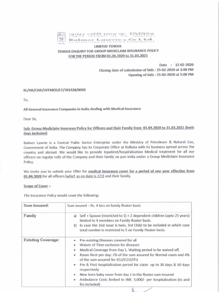 1581507360officer Mediclaim 2020 - Approved Tender Document | PDF