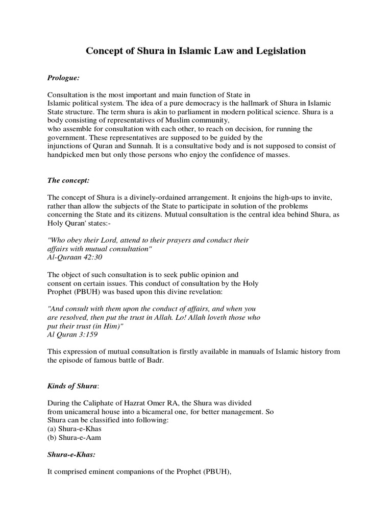 Concept of Shura in Islamic Law and Legislation | PDF | Shura | Caliphate