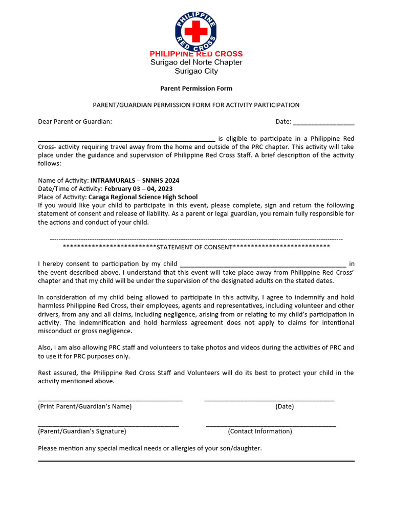 PRC Parent Permission Form for Intramurals | PDF | Indemnity | Private Law
