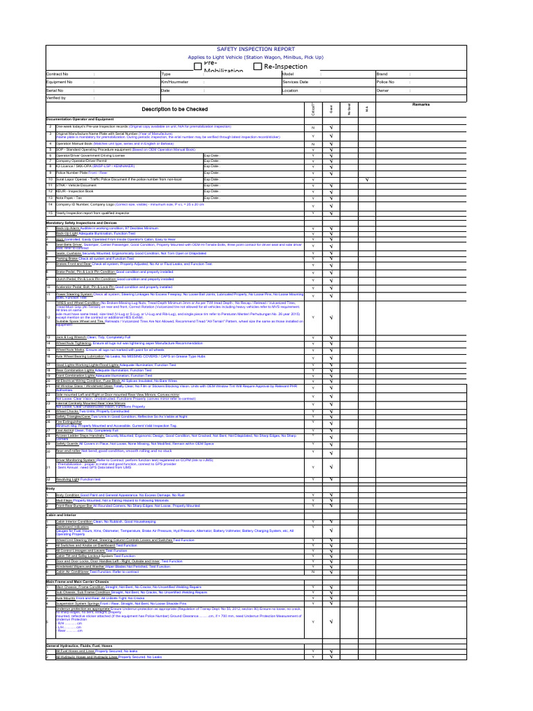 Pre-Mobilization Re-Inspection: Description To Be Checked | PDF | Tire ...