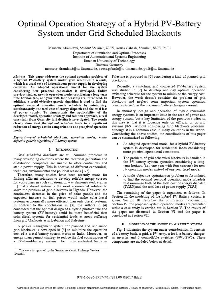 Optimal Operation Strategy of A Hybrid PV-battery System Under Grid ...