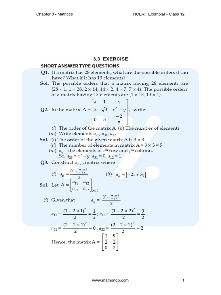 Ncert exemplar math class 12 chapter 03 matrices pdf matrix