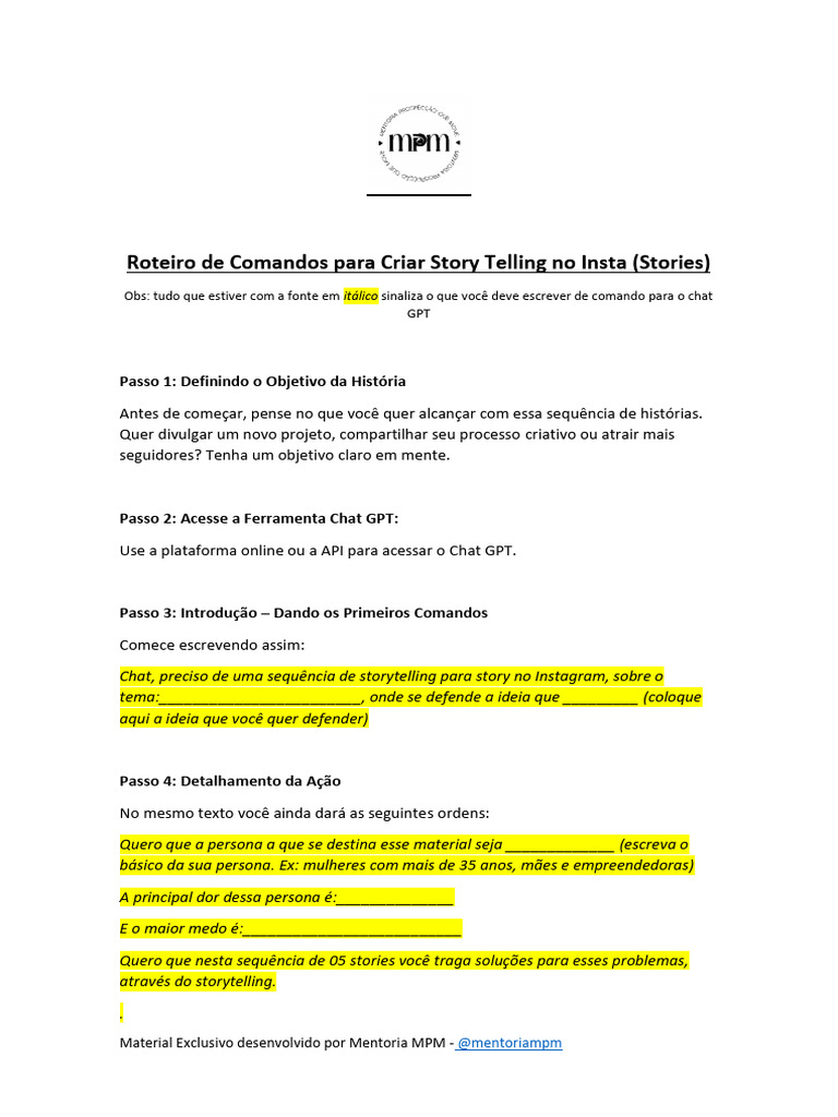 Roteiro de Comandos para Criar Story Telling No Insta | PDF