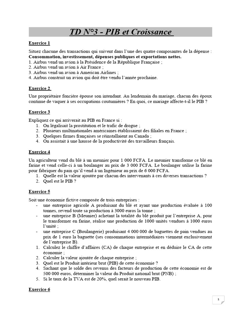 Exercices sur le PIB et Croissance | PDF | Produit intérieur brut ...