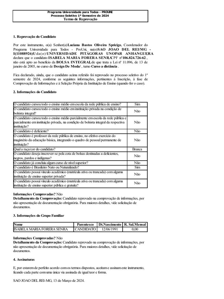 Reprovação no PROUNI 2024: Isabela Senra | PDF