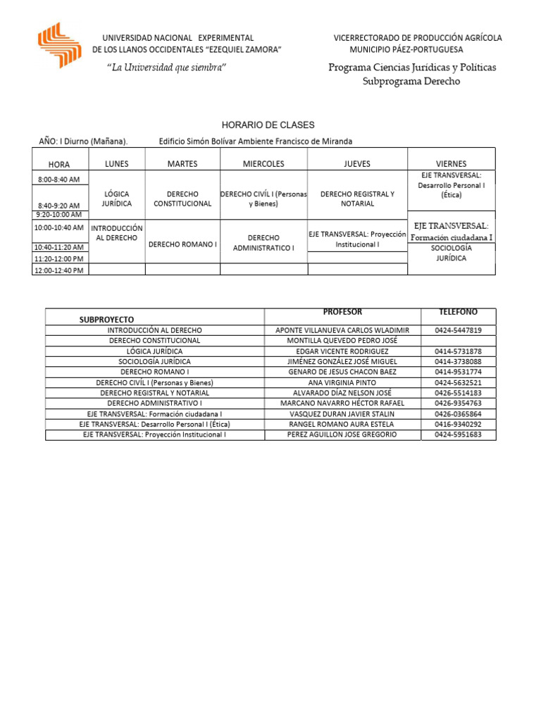 Horarios de Clases de Derecho I | PDF | Ciencias Políticas | Justicia
