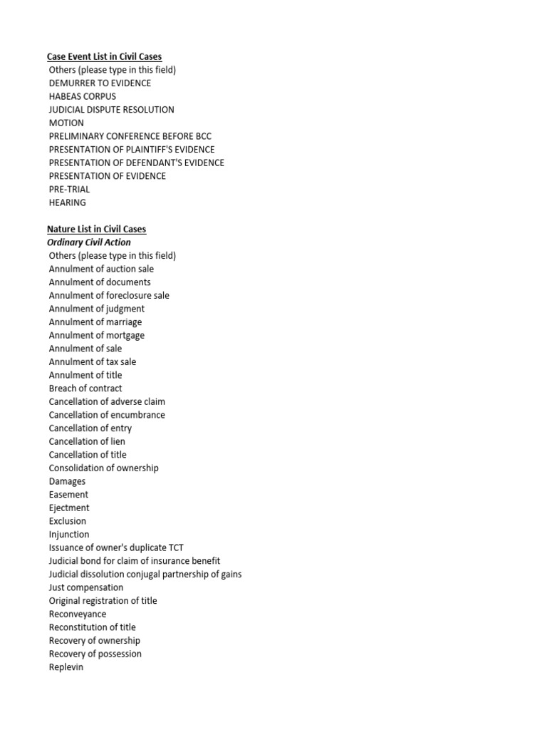 Civil Case Event and Nature List | PDF | Business